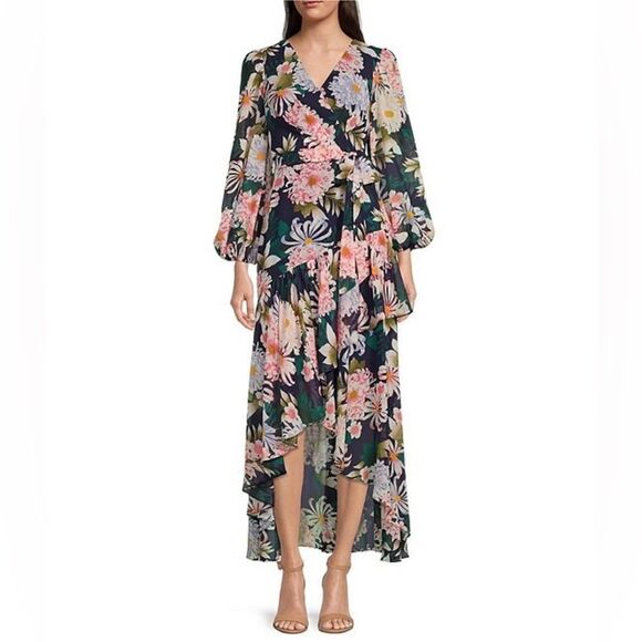 Eliza J Floral Print 3/4 Balloon Sleeve Faux Wrap Hi-Low Maxi Dress - Picture 8 of 8